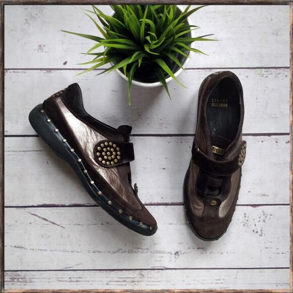 STUART WEITZMAN Studded Bronze Brown Velcro Sneakers 8.5 EUC - Picture 1 of 8